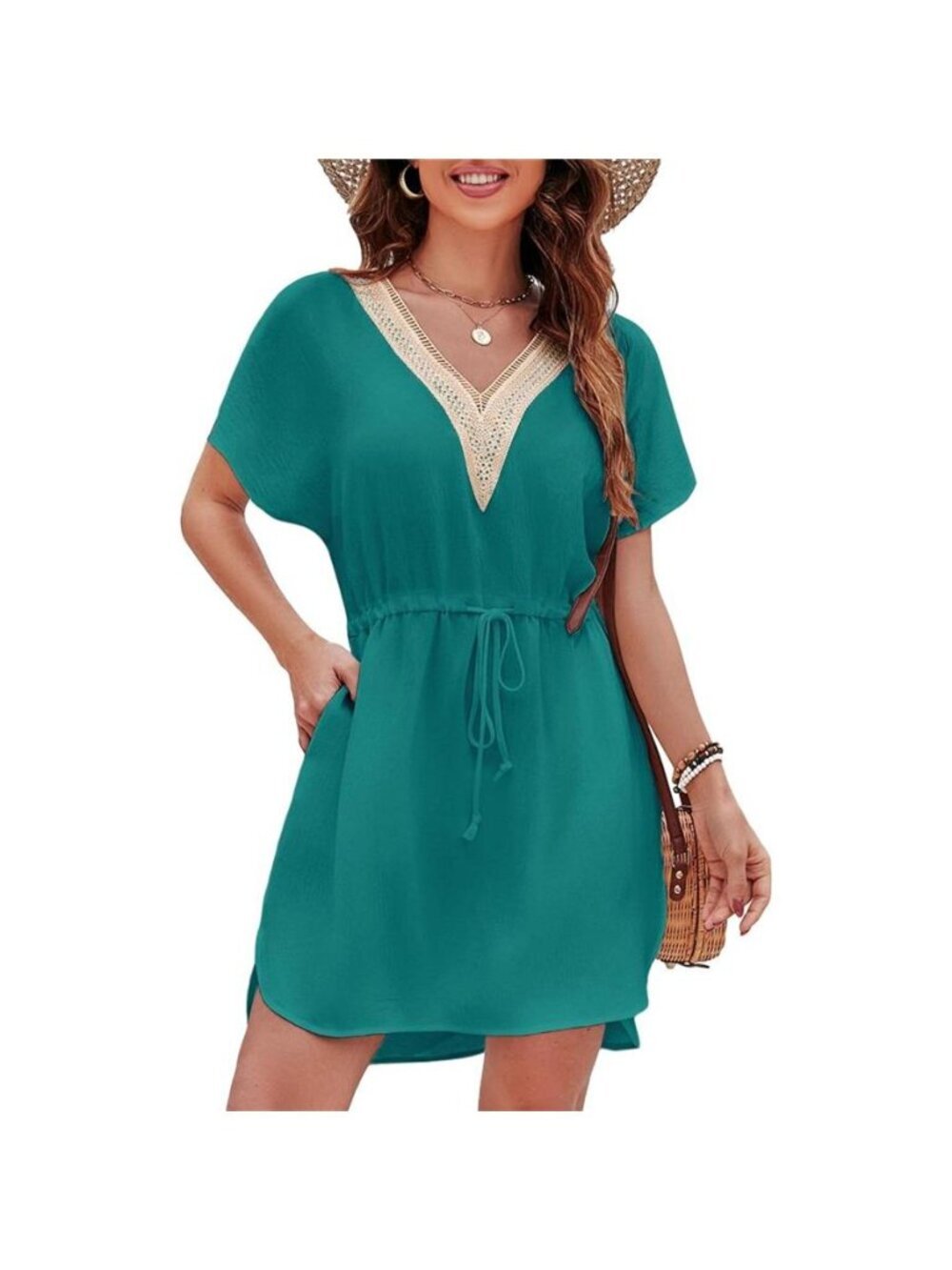 Drawstring Waist V-Neck Mini Dress